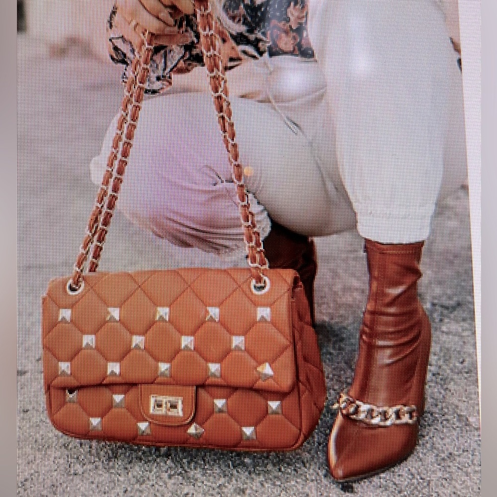 NWT quilted studded brown chain bag handbag